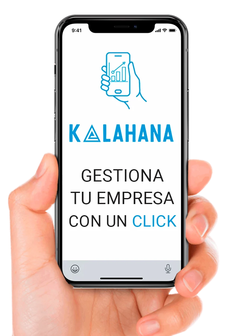 Mano sujetando un móvil con Kalahana: gestiona tu empresa con un clic